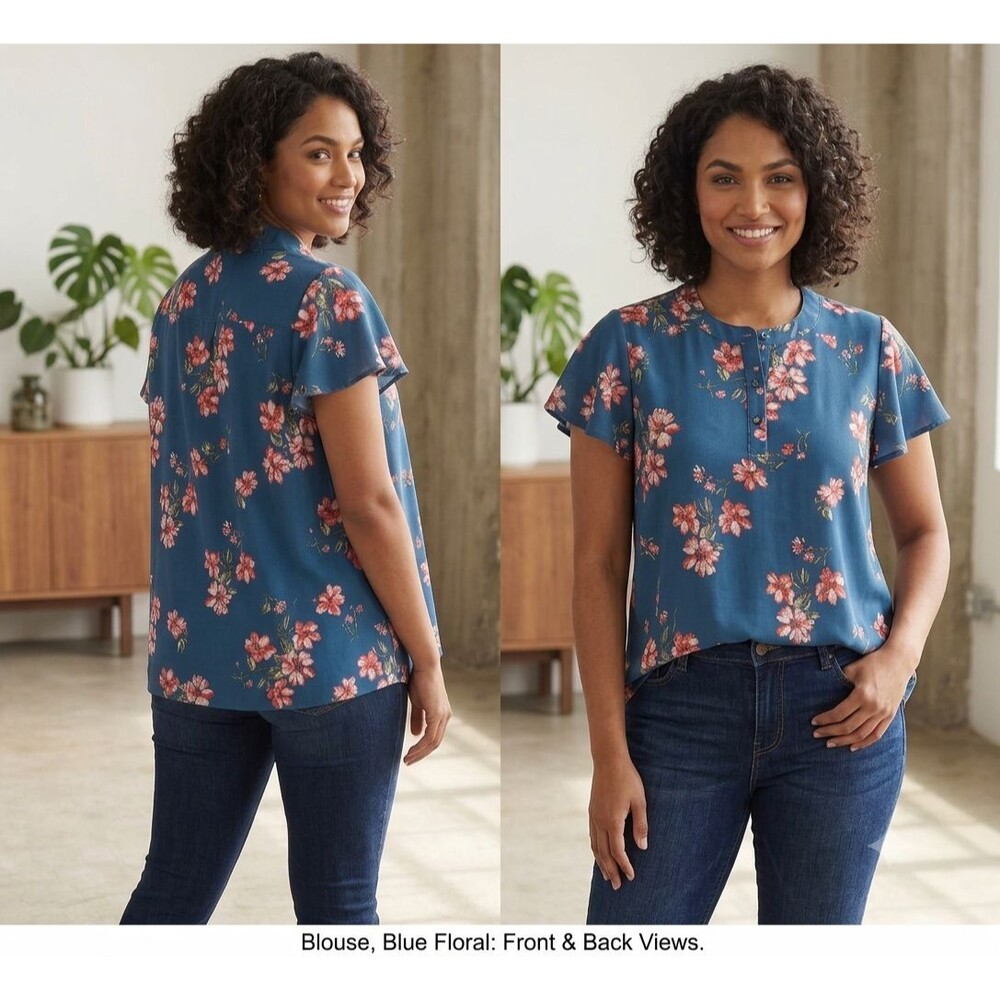 Torrid Women’s 2X Dark Blue Floral Top Short Sleeve Button Keyhole Blouse Plus